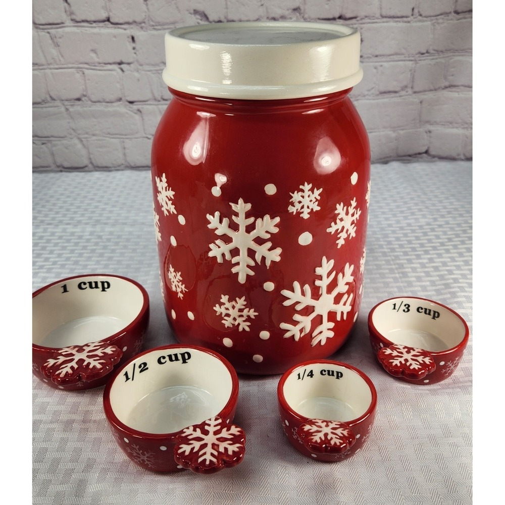 Red & White Snowflake‎ Cookie Jar + Matching Measuring Cups